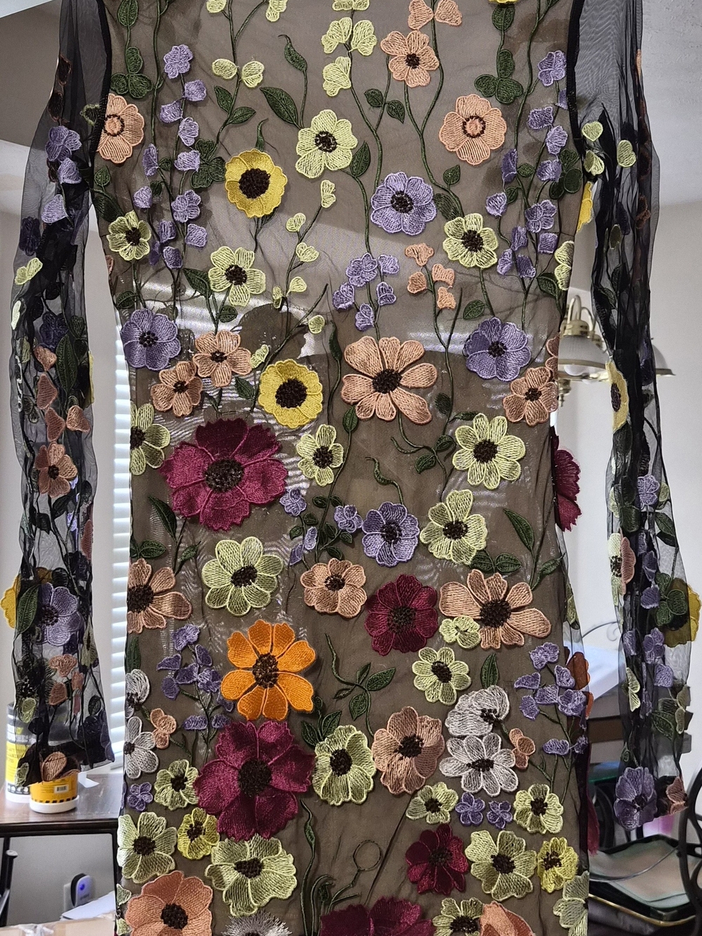 Mew Mews Sheer Black Floral Embroidered Midi Dress
